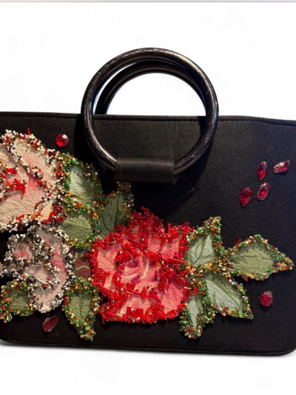 Veldore of Houston vintage 1950Embellished Black Handbag with Red Floral Beading